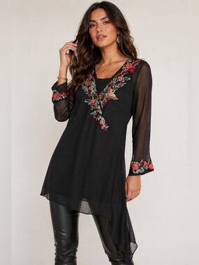 Chinyere Black Embroidered Sheer Tunic Top Asymmetrical Hem Floral Bird Boho S